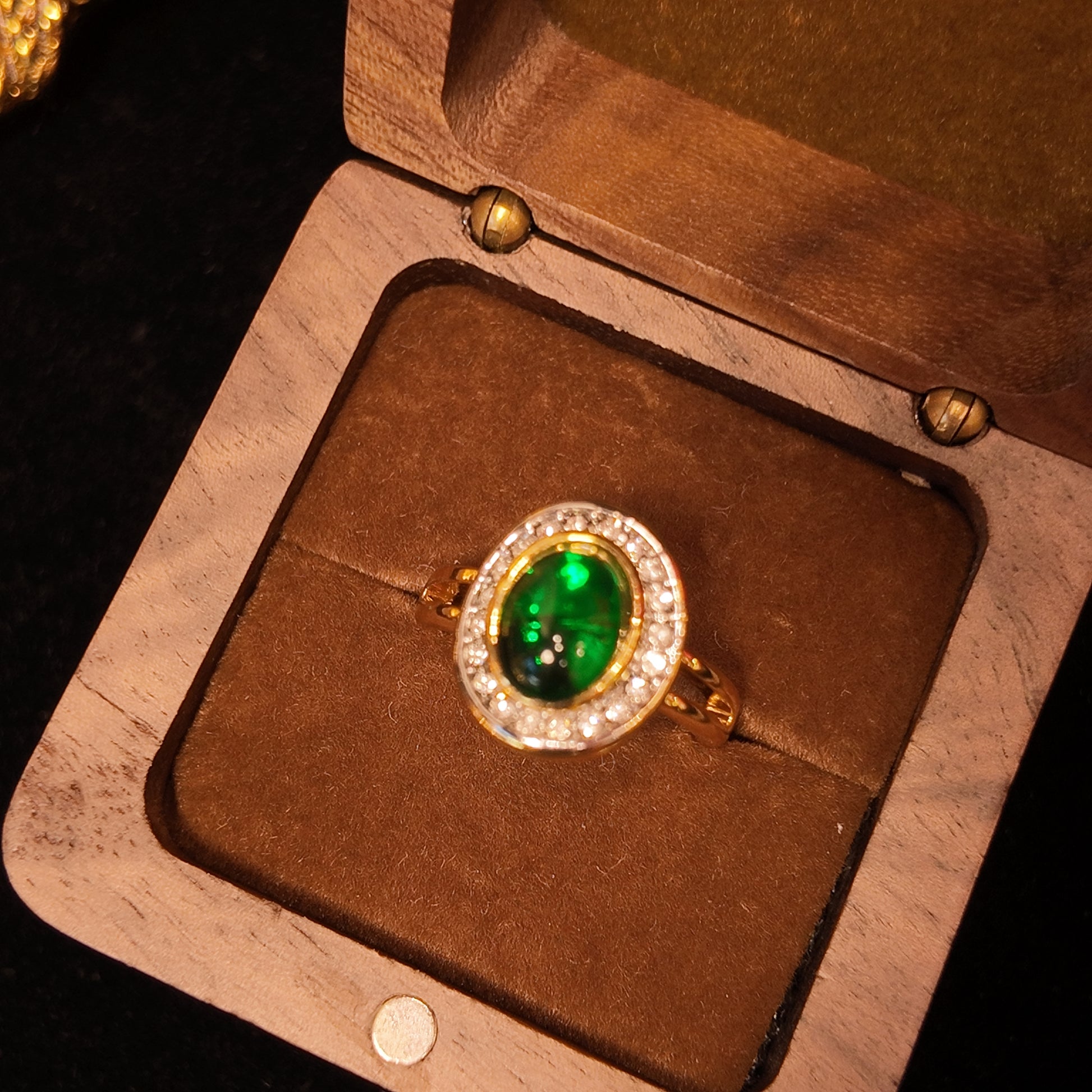 "Blue Sky Eye" minimalist open ring | emerald green glass main stone | double circle zircon star ring | ergonomic ring band