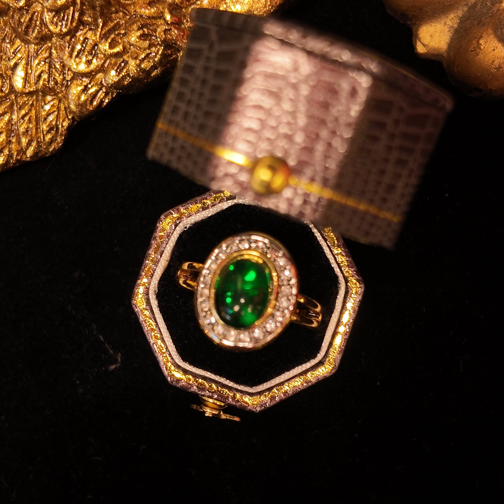 "Blue Sky Eye" minimalist open ring | emerald green glass main stone | double circle zircon star ring | ergonomic ring band