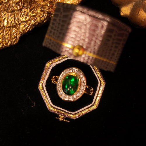 "Blue Sky Eye" minimalist open ring | emerald green glass main stone | double circle zircon star ring | ergonomic ring band