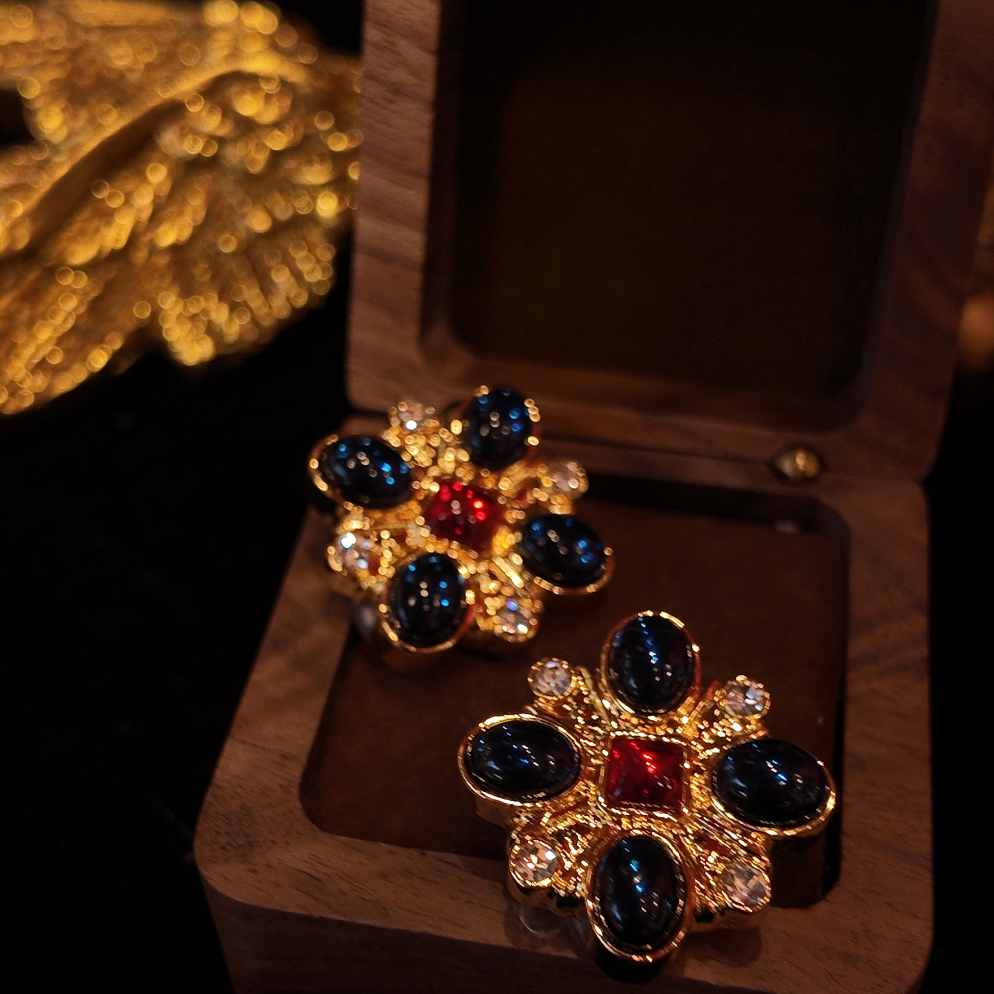 "Four Elements Protection Geometric Aurora Ear Pliers | Square Blue Lapis Lazuli | Zirconium Star Trajectory Surrounding | Central Red Flame Square Stone | New Artistic Manifesto"