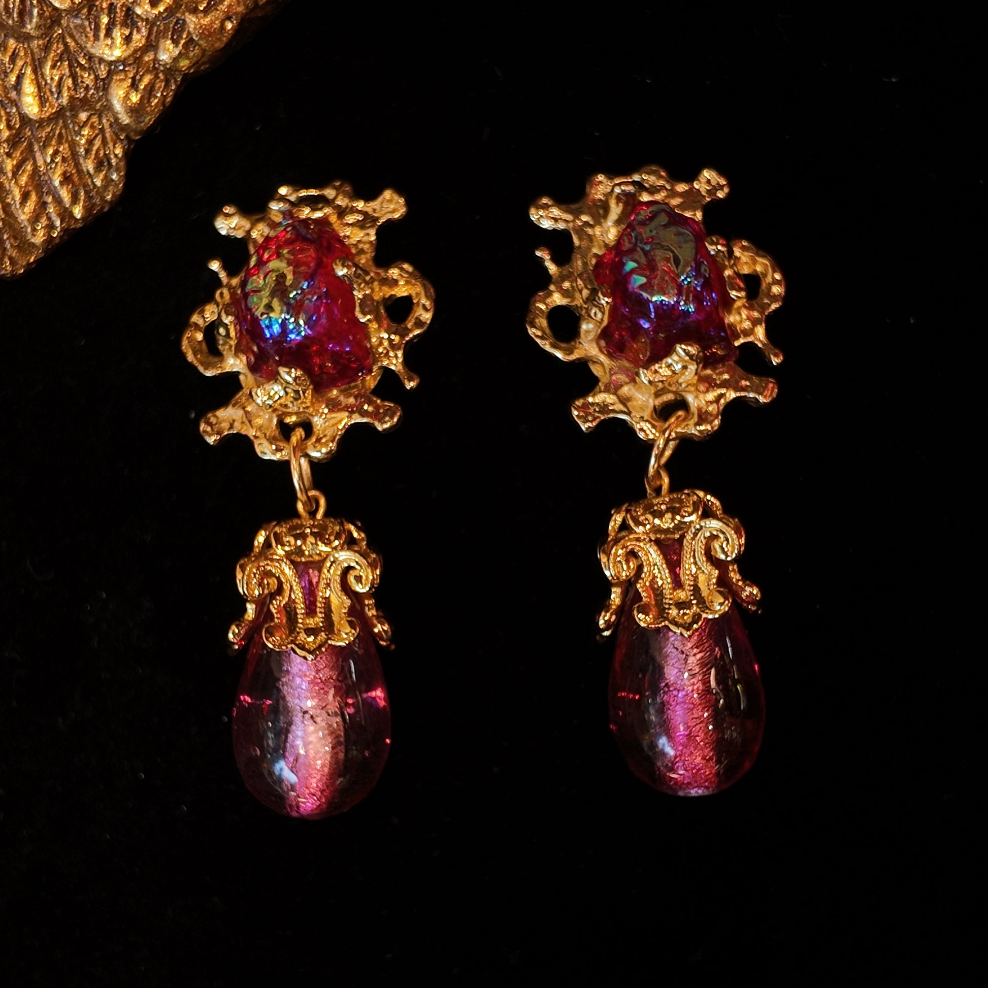 "Byzantine Flame" Double Glass Dangle Earrings | Venetian Iridescent Glass | Energy Fluid Dynamics | 65mm Dramatic Aesthetics