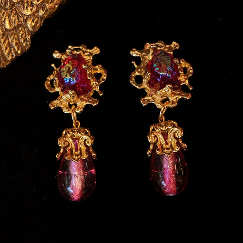 "Byzantine Flame" Double Glass Dangle Earrings | Venetian Iridescent Glass | Energy Fluid Dynamics | 65mm Dramatic Aesthetics