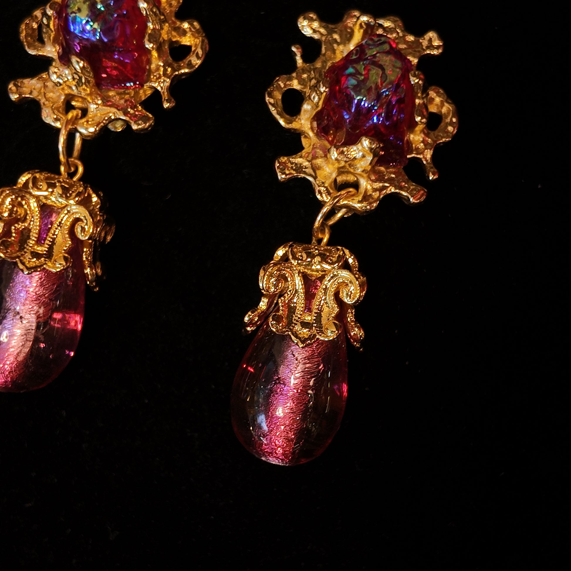"Byzantine Flame" Double Glass Dangle Earrings | Venetian Iridescent Glass | Energy Fluid Dynamics | 65mm Dramatic Aesthetics