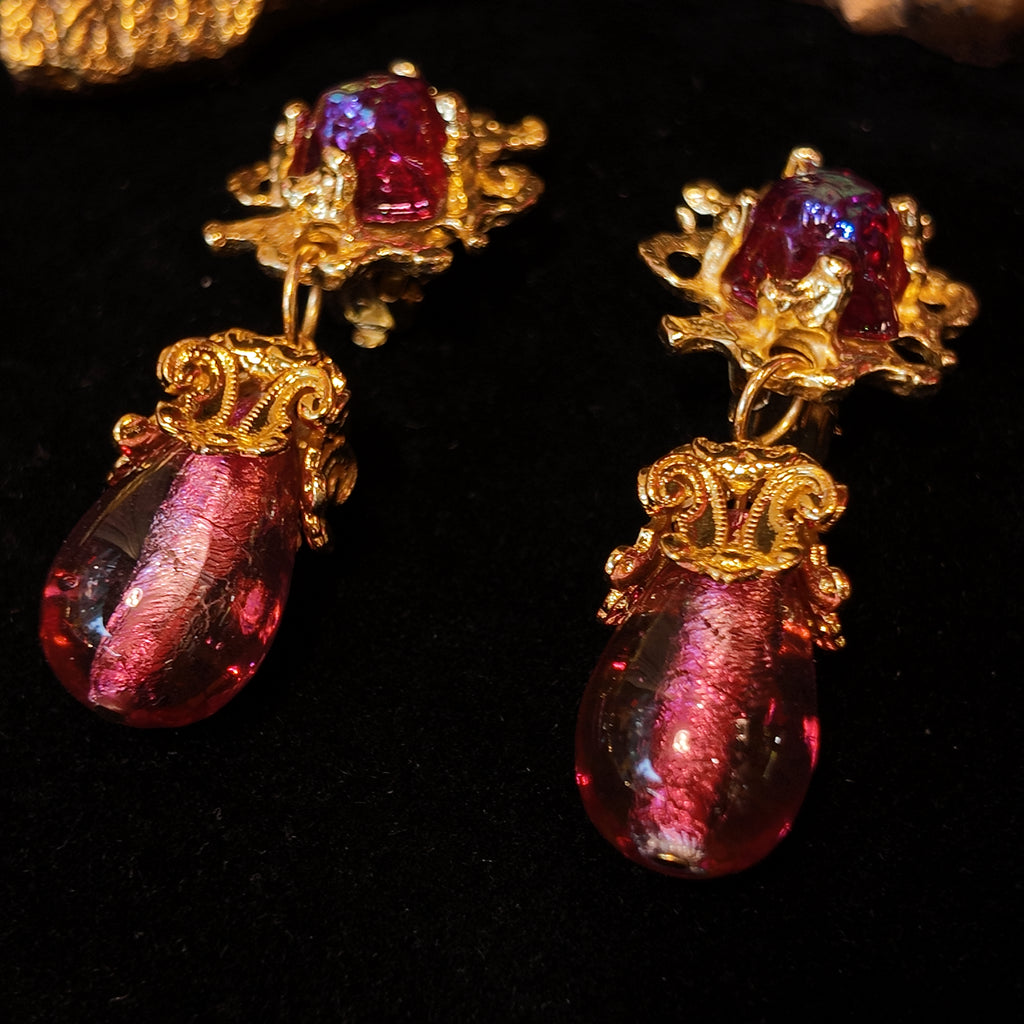 "Byzantine Flame" Double Glass Dangle Earrings | Venetian Iridescent Glass | Energy Fluid Dynamics | 65mm Dramatic Aesthetics