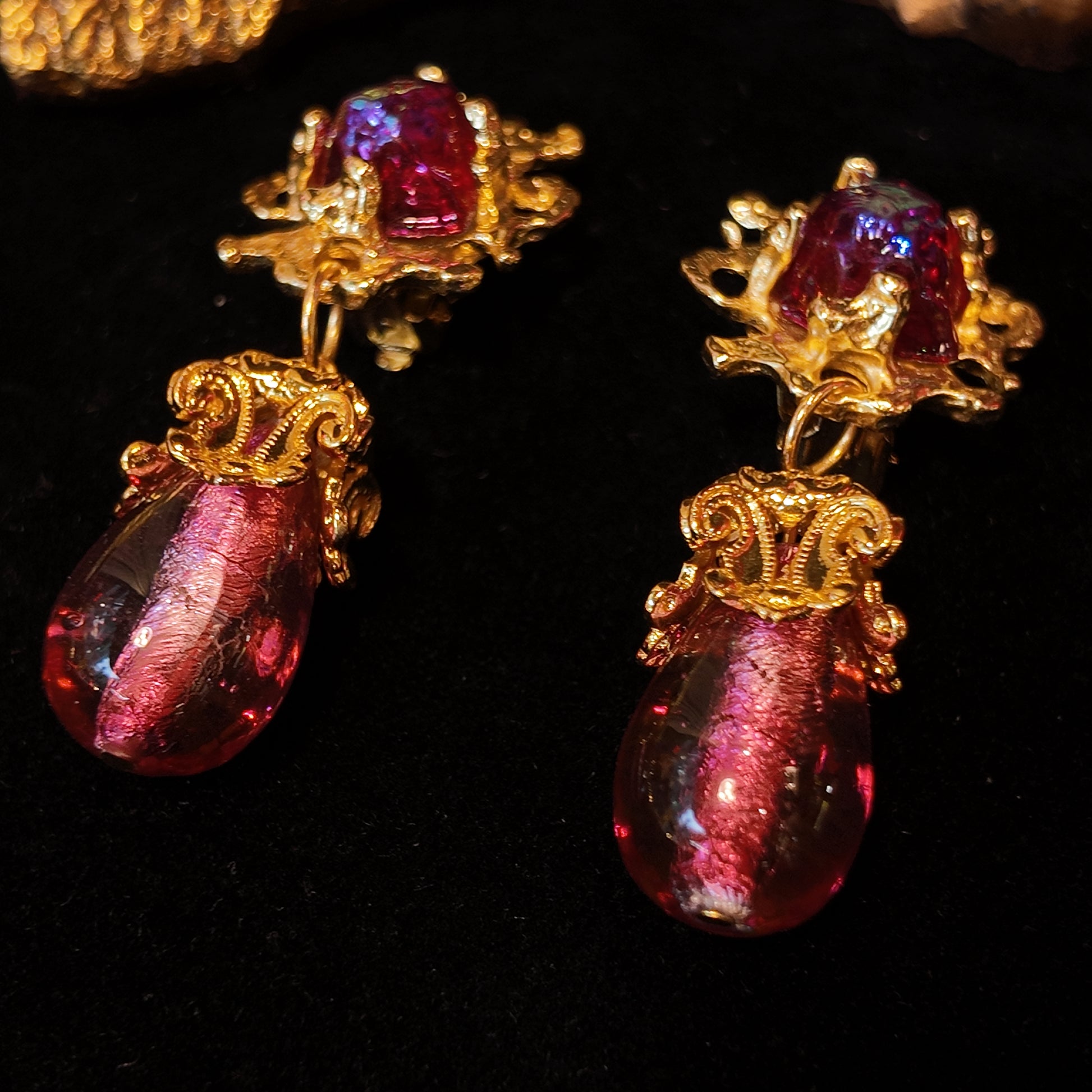 "Byzantine Flame" Double Glass Dangle Earrings | Venetian Iridescent Glass | Energy Fluid Dynamics | 65mm Dramatic Aesthetics