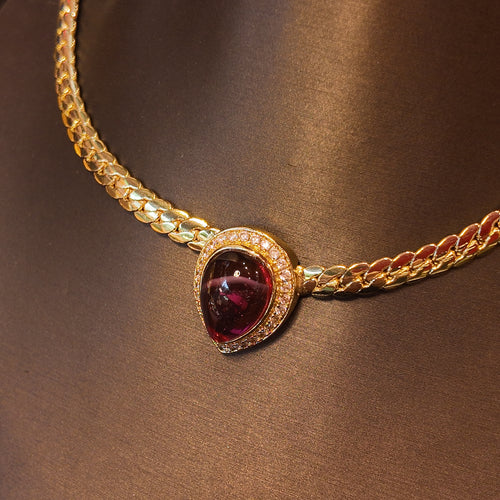 "Blood Red Vespers" Retro Red Glass Pendant Necklace | Zircon Star Ring Cluster | Adjustable Copper-Plated Snake Chain | Dark Romanticism