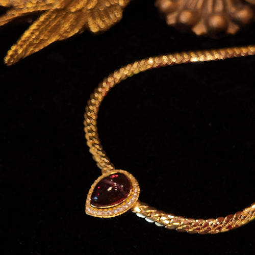 "Blood Red Vespers" Retro Red Glass Pendant Necklace | Zircon Star Ring Cluster | Adjustable Copper-Plated Snake Chain | Dark Romanticism